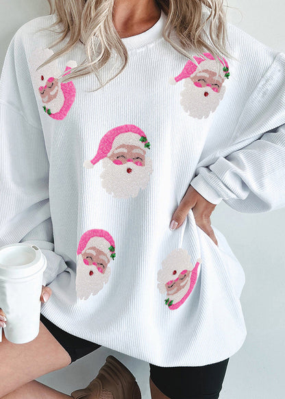 Stylish White O Neck Christmas Print Cotton Sweatshirt Winter