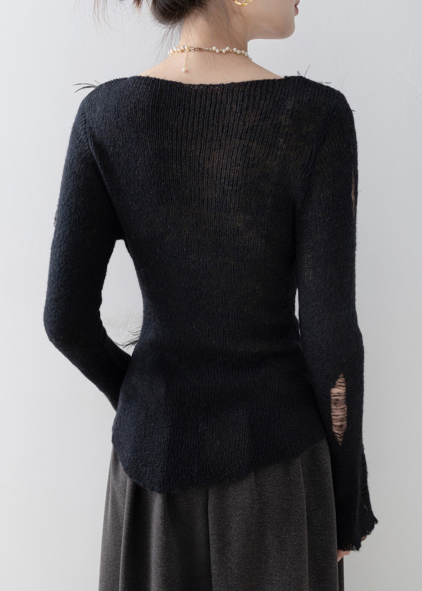 Black O Neck Tassel Knit Top Spring
