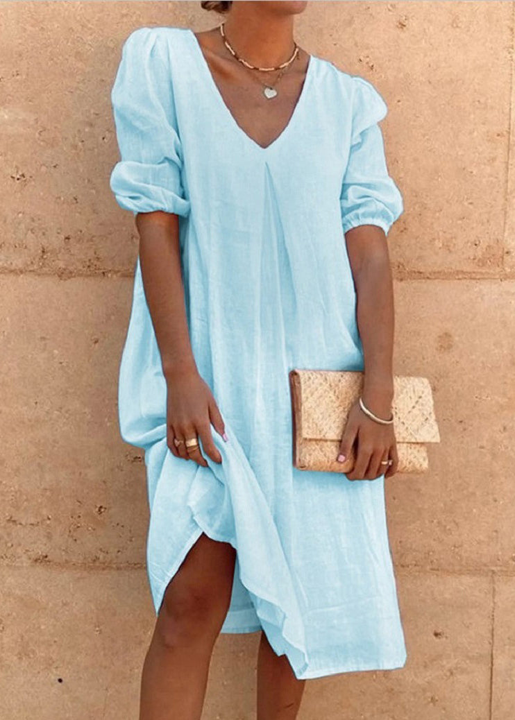 Pink V Neck Cotton Mid Dress Summer
