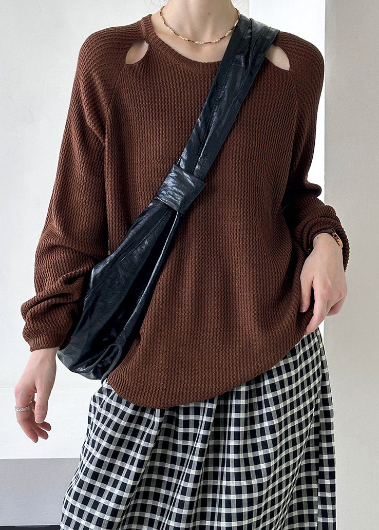 Brown O Neck Hollow Out Knit Sweaters Fall