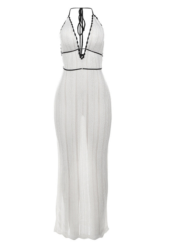 European and American Style White Backless Knit Dress Summer
