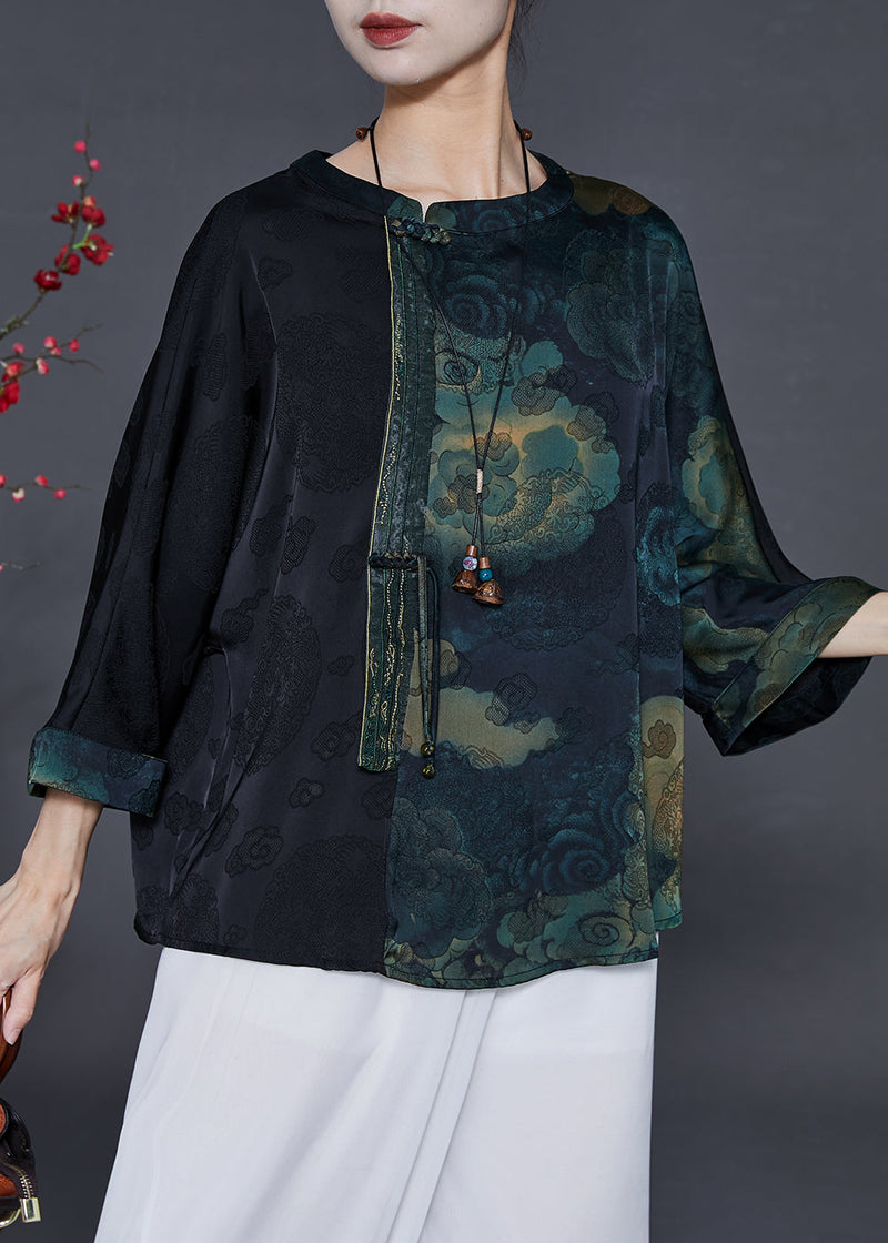 Black Tasseled Patchwork Silk Shirts Bracelet Sleeve