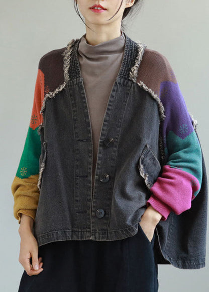 Unique Blue Denim Patchwork Knit Pockets Button Fall Coat Long Sleeve