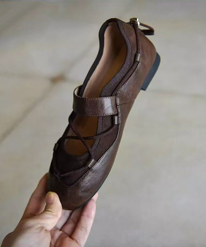 Brown Faux Leather Cross Strap Splicing Flat Shoes for