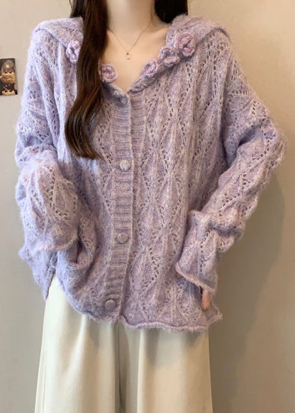 Loose Purple Sailor Collar Hollow Out Knit Cardigans Fall