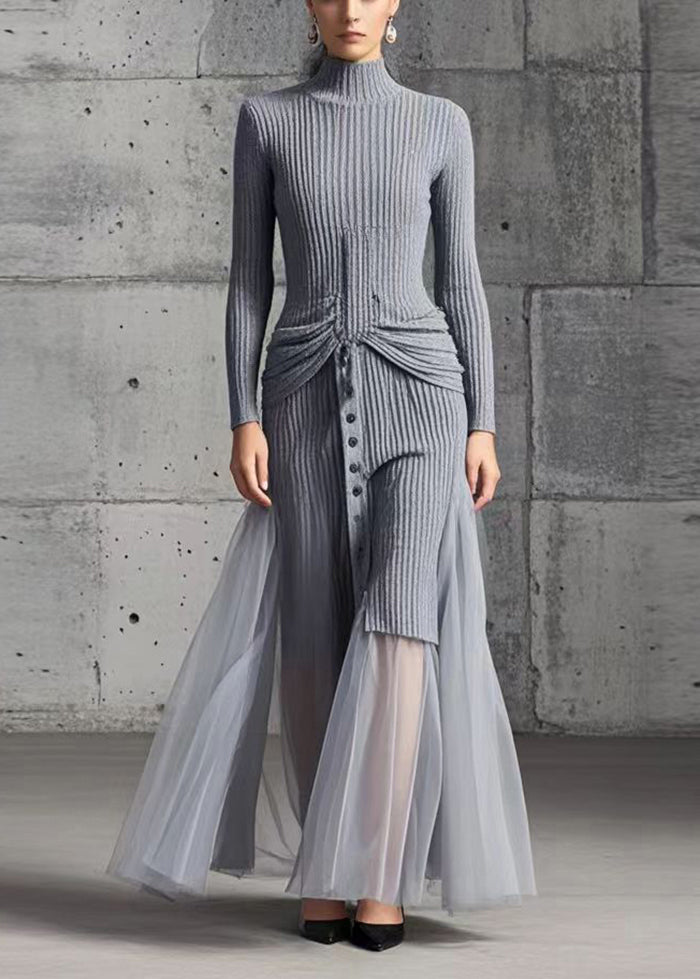Diy Grey High Neck Patchwork Tulle Sweater Dress Winter