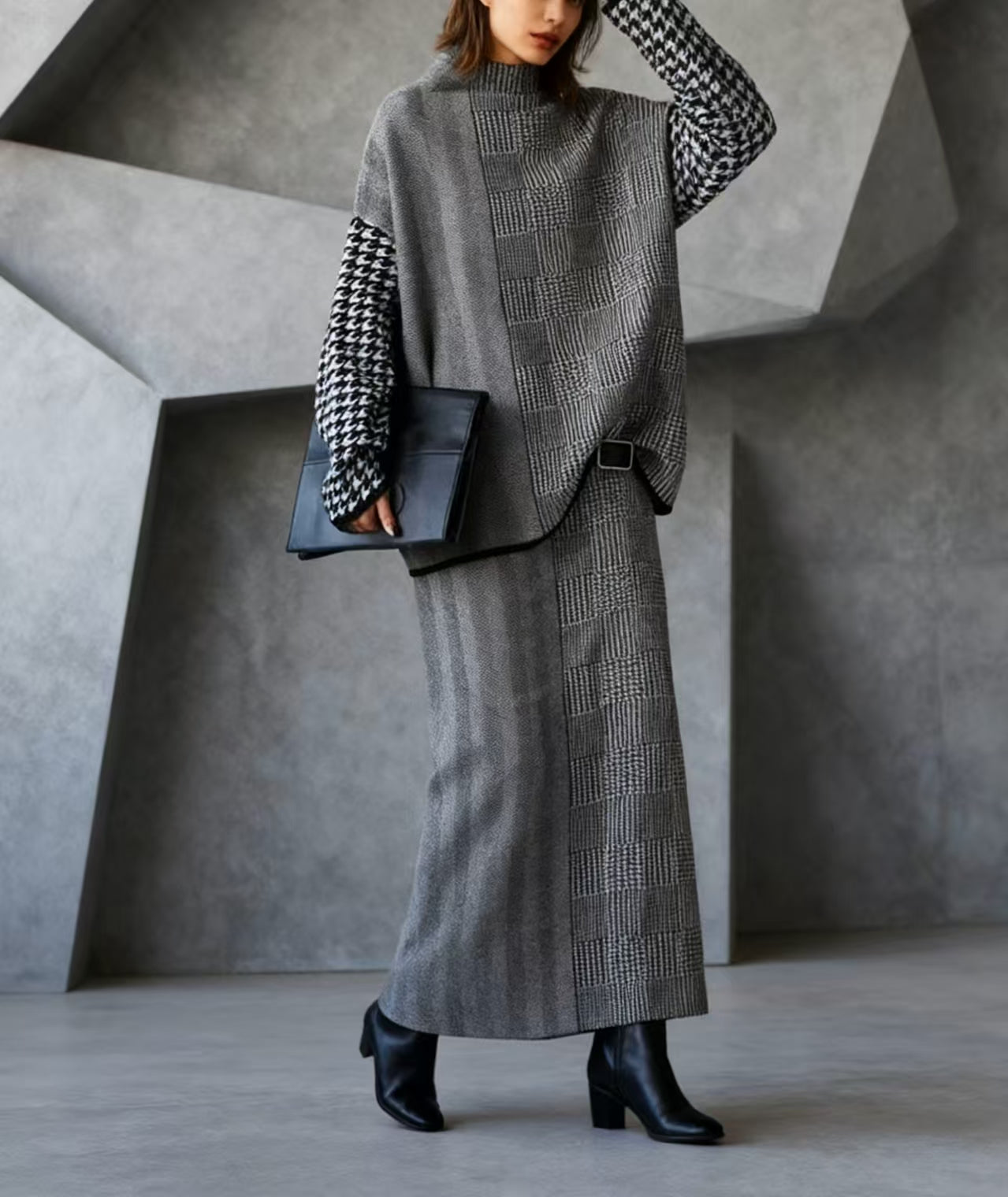 Loose Grey Plaid Knit Sweaters and Skirts Two Piece Set Outfits Fall