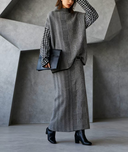 Loose Grey Plaid Knit Sweaters and Skirts Two Piece Set Outfits Fall
