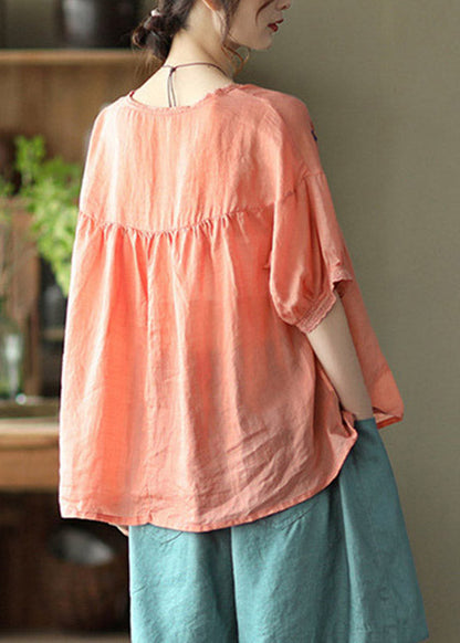 Orange O-neck Embroidered Linen Tops Half Sleeve