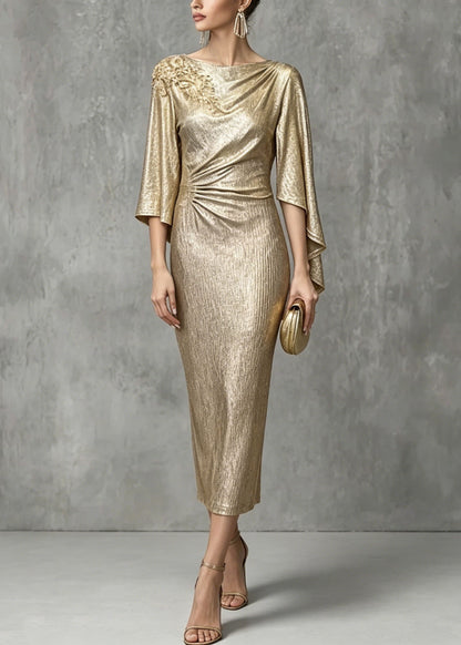 Champagne Asymmetrical Design Zircon Wrinkled Dress Summer