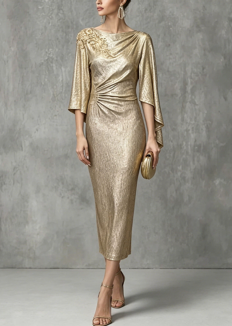 Champagne Asymmetrical Design Zircon Wrinkled Dress Summer