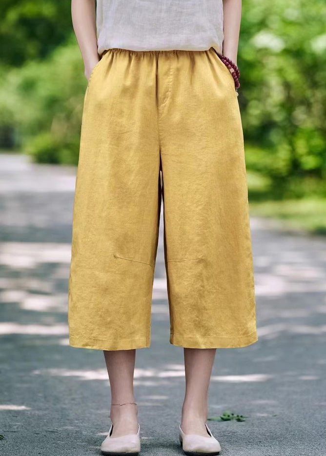 Simple White Pockets Elastic Waist Linen Crop Pants Summer