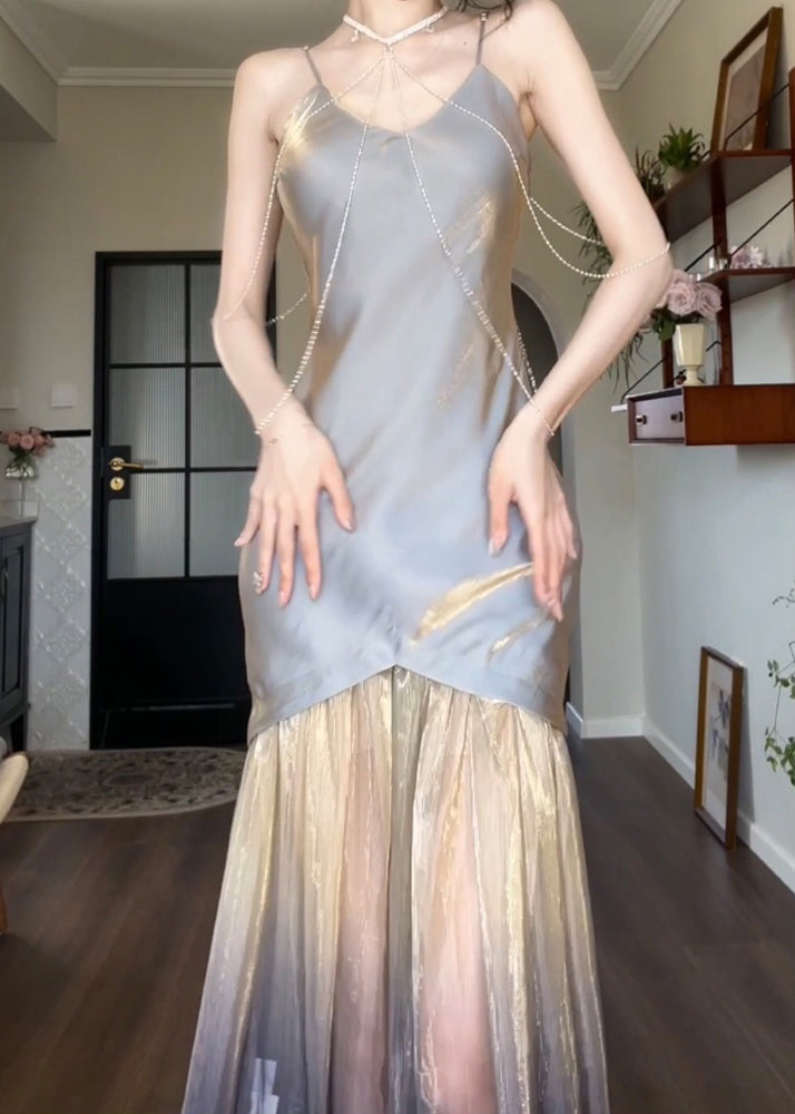 Grey V Neck Tulle Patchwork Spaghetti Strap Dress Sleeveless