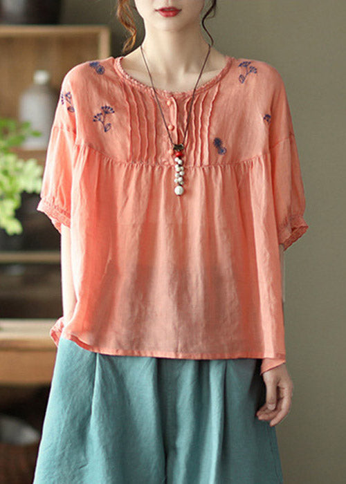 Orange O-neck Embroidered Linen Tops Half Sleeve