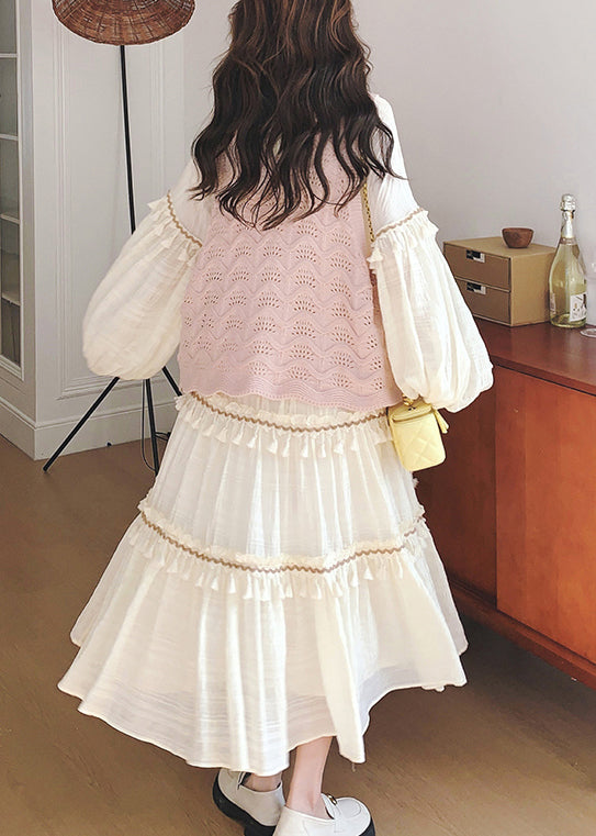 New Pink Hollow Out Knit Vest and Beige Ruffled Dress Two Pieces Set Fall
