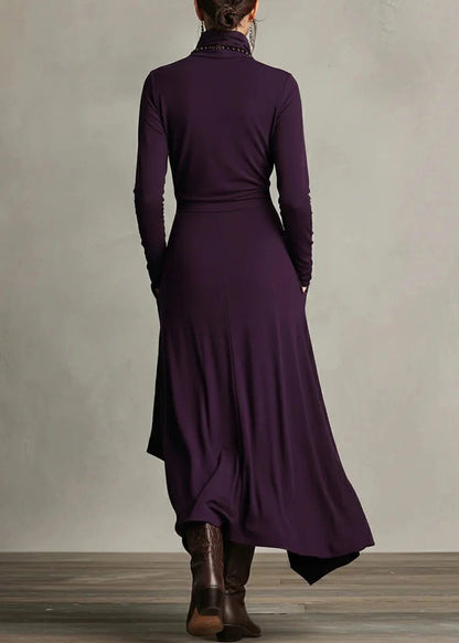 Original Design Purple Turtleneck Pockets Cotton Maxi Dress Spring