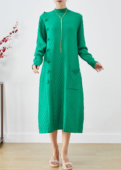 Green Plaid Chinese Button Knitwear Dress Winter