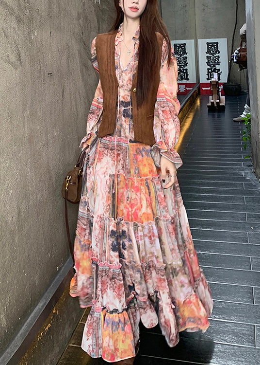 Brown Faux Suede Waistcoat and Ruffled Dress Two-piece Set Spring