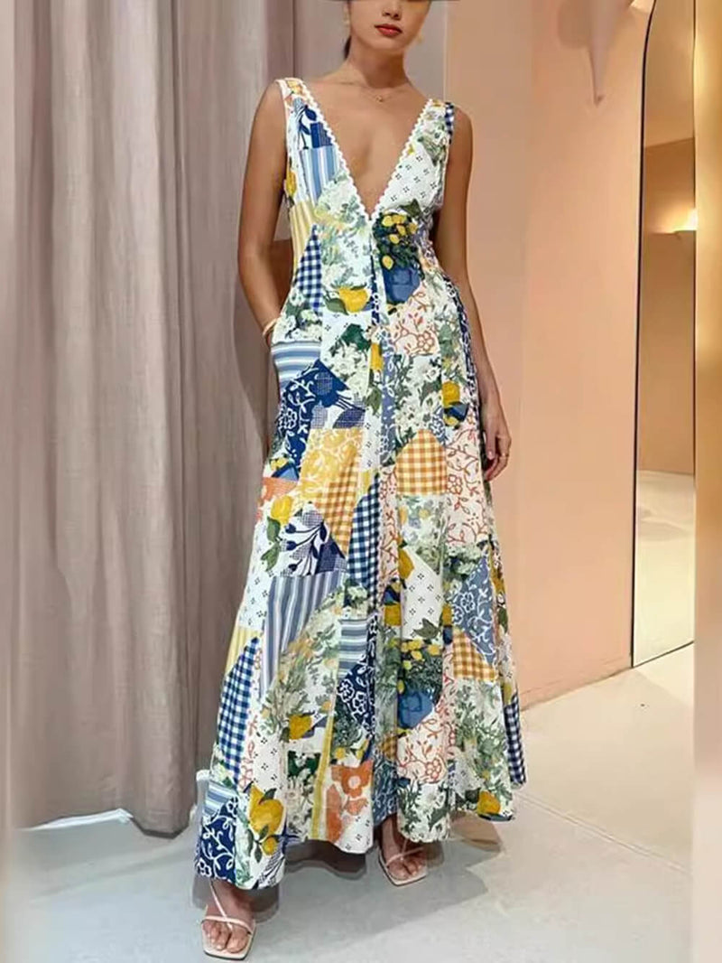 Sleeveless Printed Large V-neck Dress