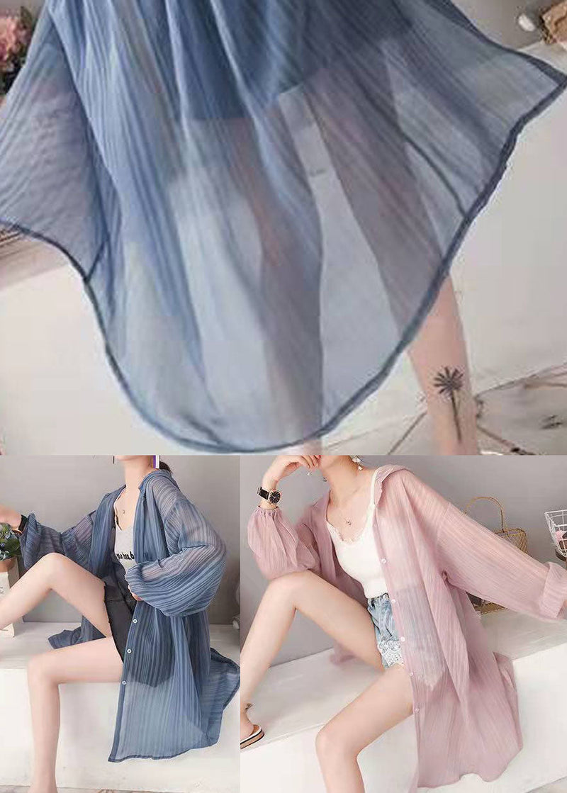 Loose Blue Hooded Striped Silk Cardigan Long Sleeve