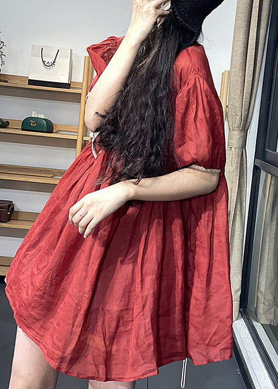 Red Wrinkled Patchwork Mid Dress Summer