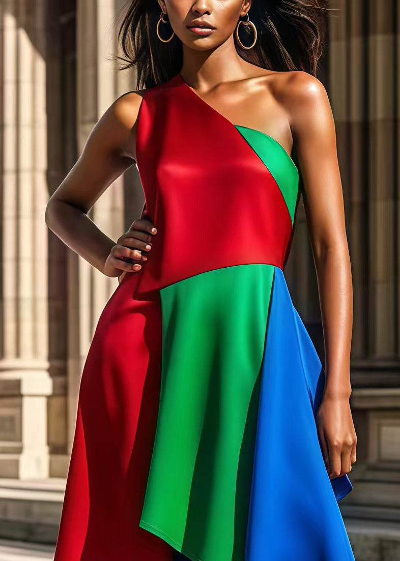 Colorblock One Shoulder Patchwork Silk Party Dress Summer