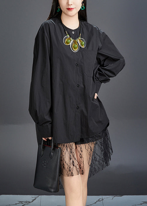 New Black O-neck Button Cotton Shirt Fall