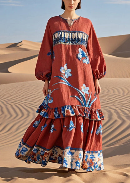 Red Ruffled Patchwork Print Cotton Holiday Dress Fall