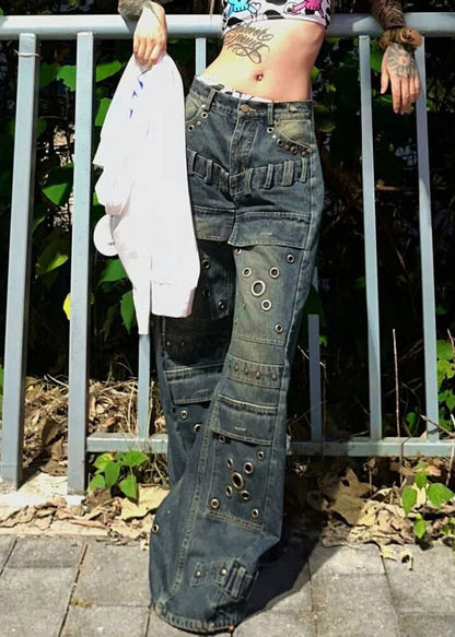 European and American Style Blue Rivet Denim Wide Leg Pants Fall