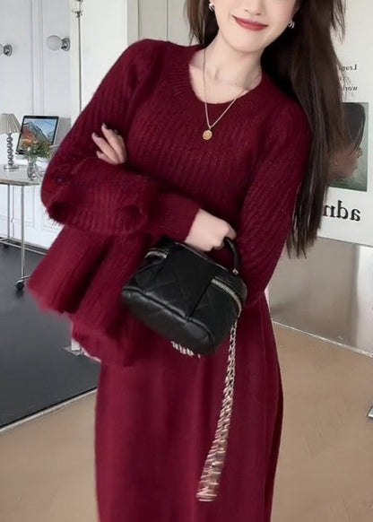 Simple Wine Red Turtleneck Cape Sweaters and Skirts Knit Three Pieces Set Winter