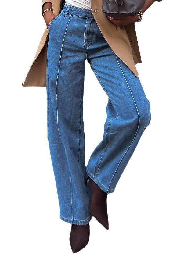 Blue Pockets High Waist Versatile Denim Pants Spring