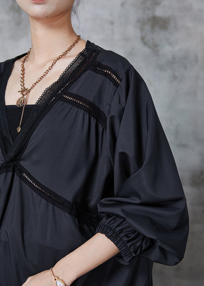 Black Oversized Patchwork Cotton Work Dress Fall