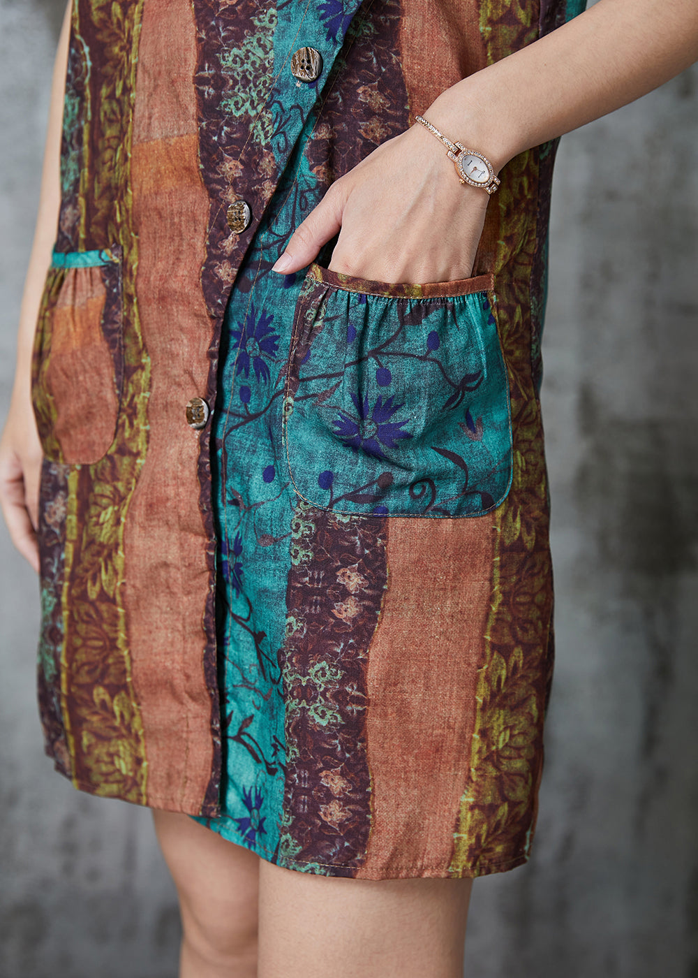 Khaki Asymmetrical Print Linen Mini Dresses Sleeveless