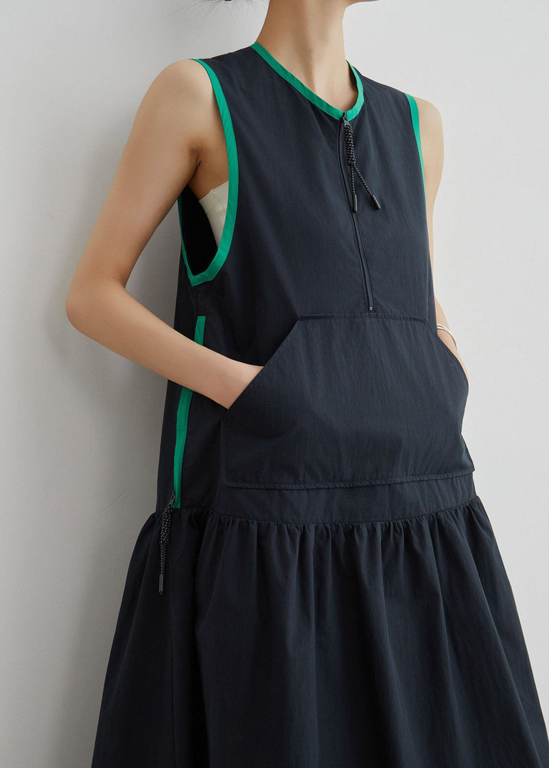 Black O Neck Patchwork Cotton Dress Sleeveless