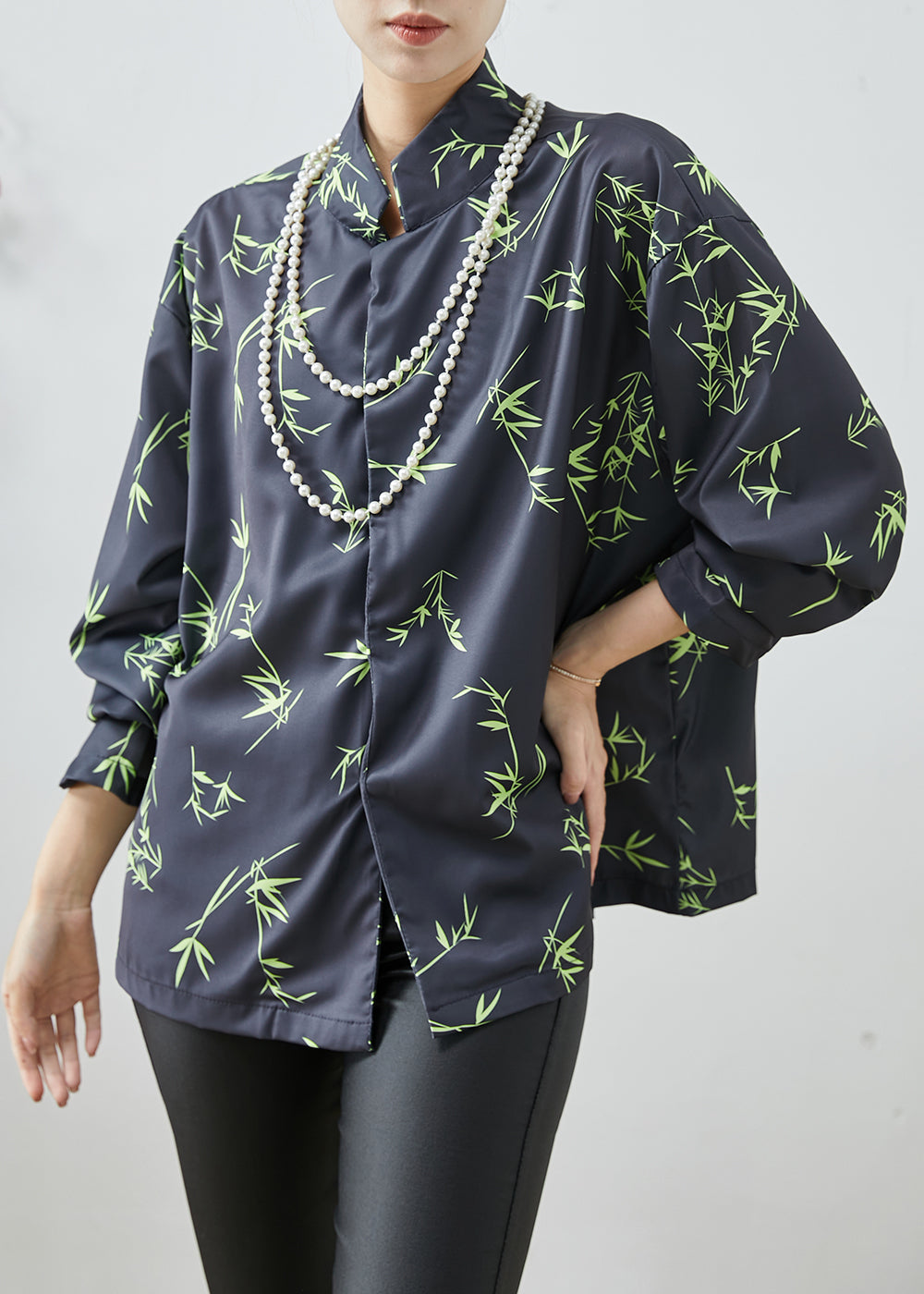 Black Oversized Bamboo Leaf Print Silk Shirt Spring