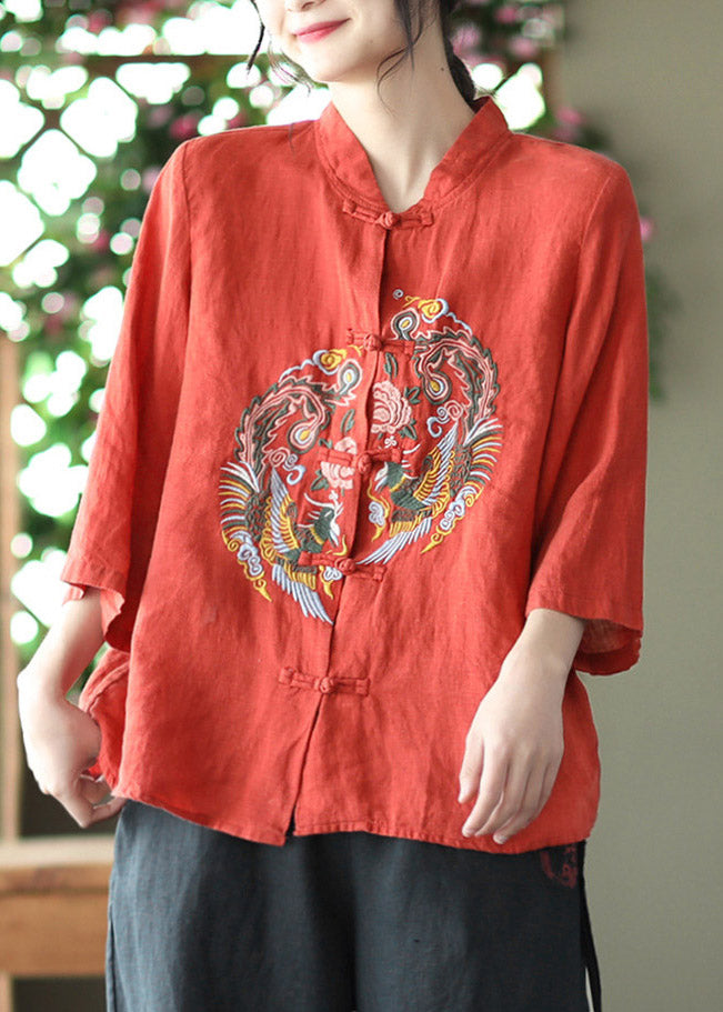 Diy Red Stand Collar Embroidered Linen Shirts Long Sleeve