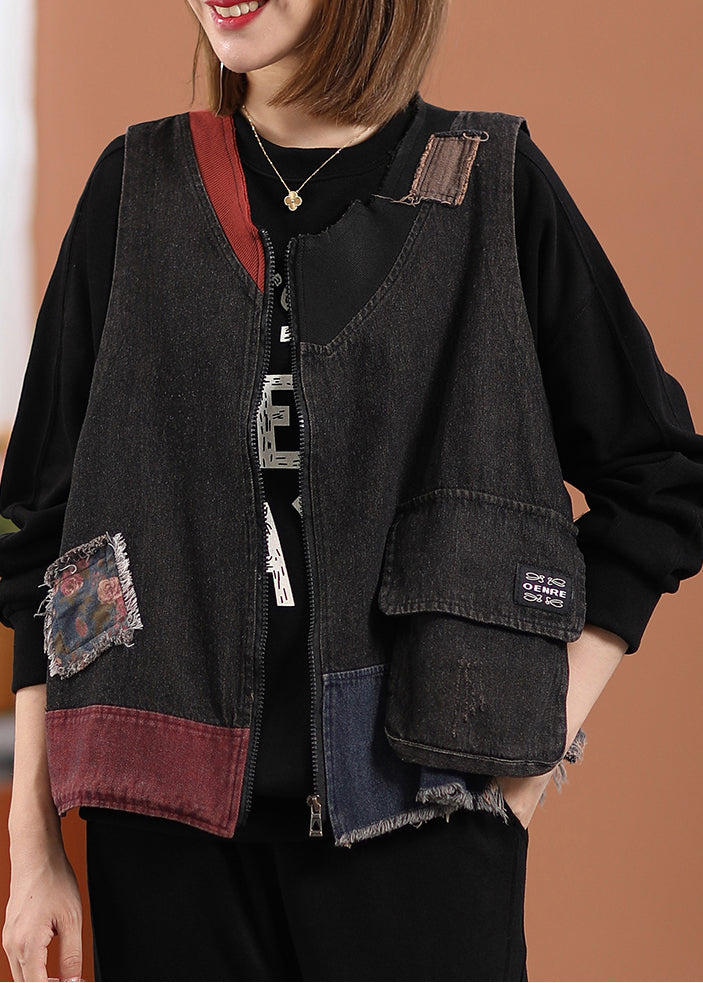 Black O-neck Print Pockets Denim Waistcoat Sleeveless