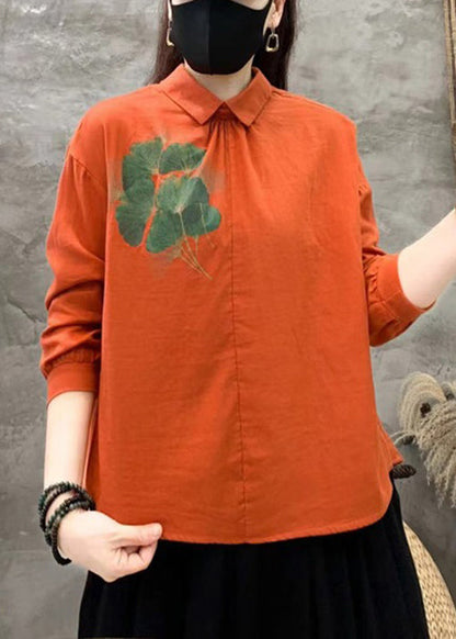 Orange Button Linen Shirt Peter Pan Collar Long Sleeve