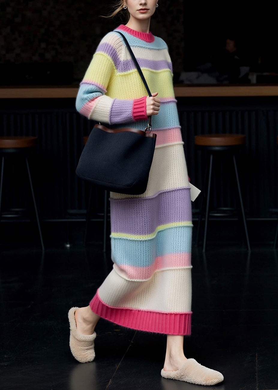 Striped Hollow Out Cozy Patchwork Knit Sweater Dress Spring