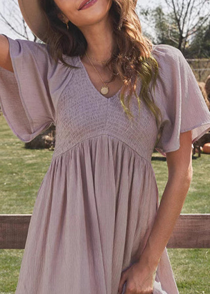 Simple Purple V Neck Wrinkled Cotton Dresses Summer