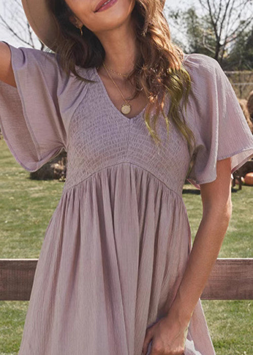 Simple Purple V Neck Wrinkled Cotton Dresses Summer
