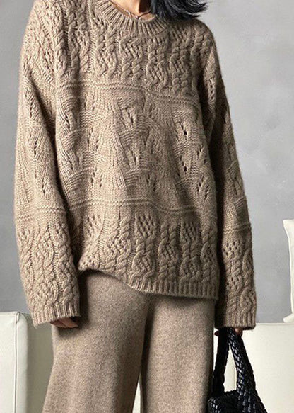 Khaki O-neck Oversized Thick Hollow Out Knitted Tops Winter
