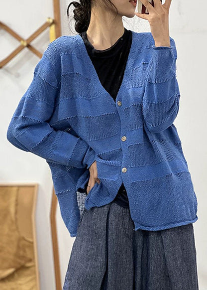 Loose Blue V Neck Hollow Out Cotton Knit Coat Fall