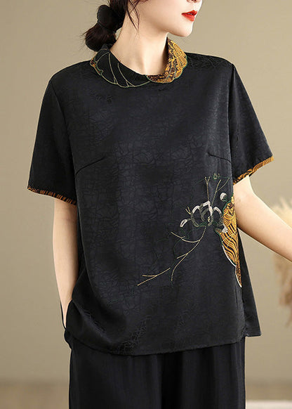 Black Stand Collar Embroidered Silk Shirt Top Summer