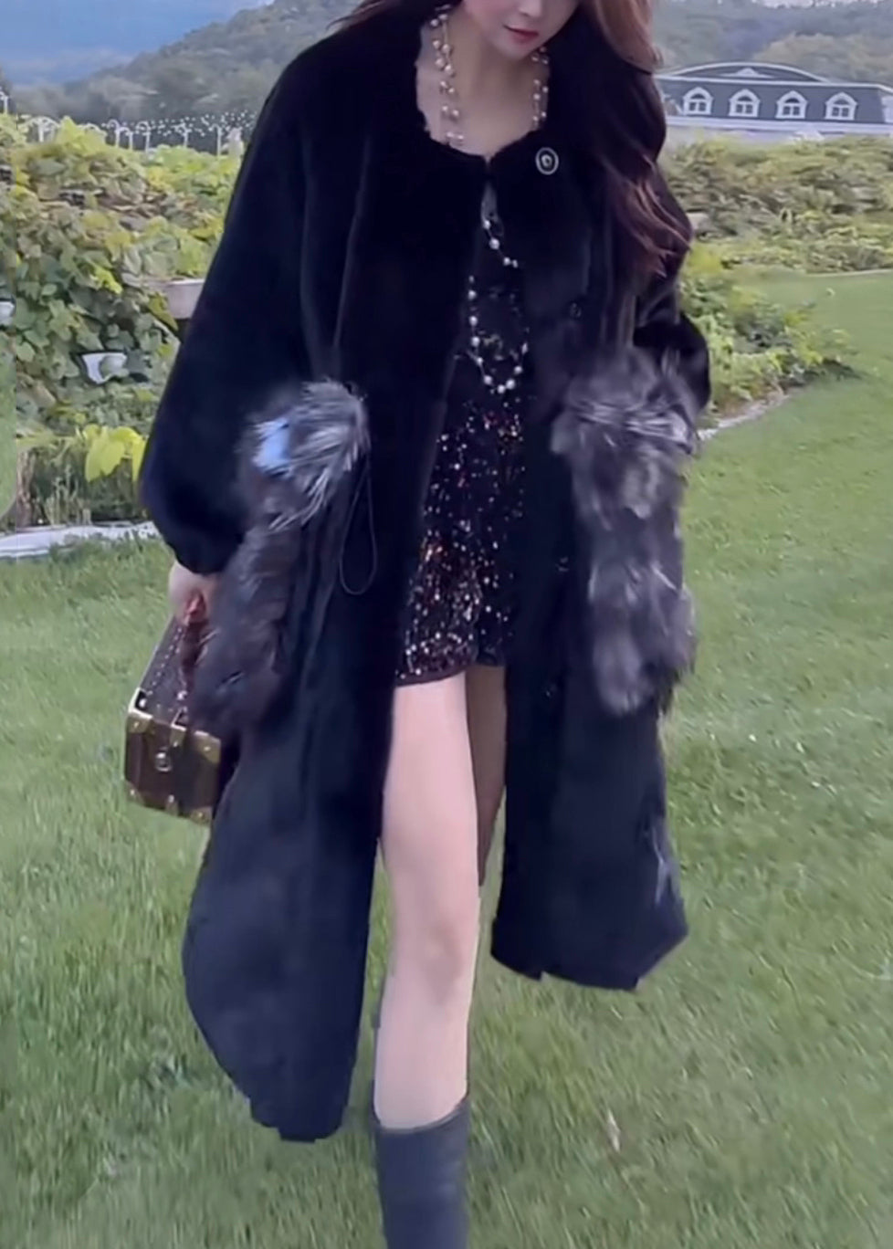 Orange O-neck Drawstring Patchwork Button Leather and Fur Maxi Parka Winter