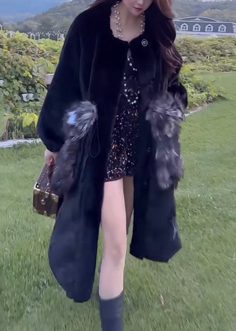 Orange O-neck Drawstring Patchwork Button Leather and Fur Maxi Parka Winter