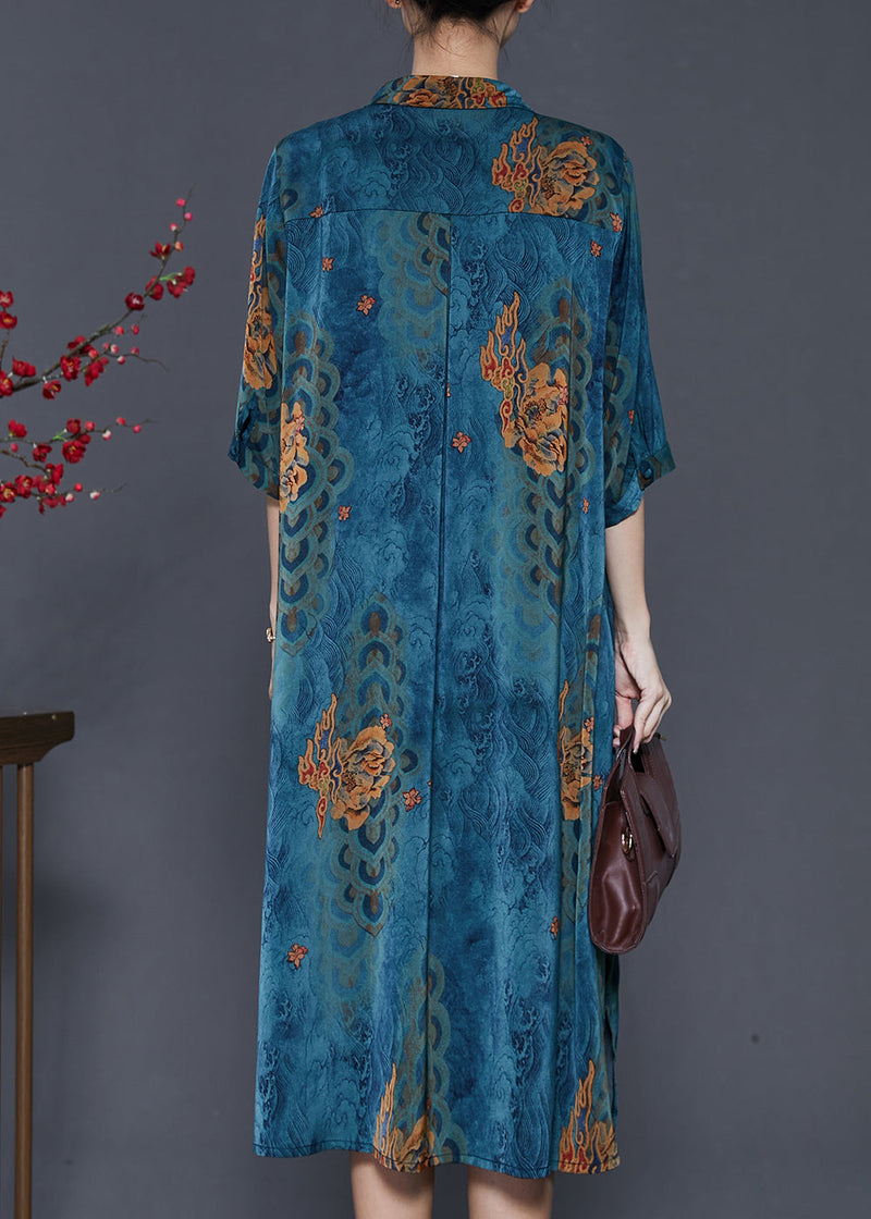 Blue Print Side Open Silk a Line Dress Summer