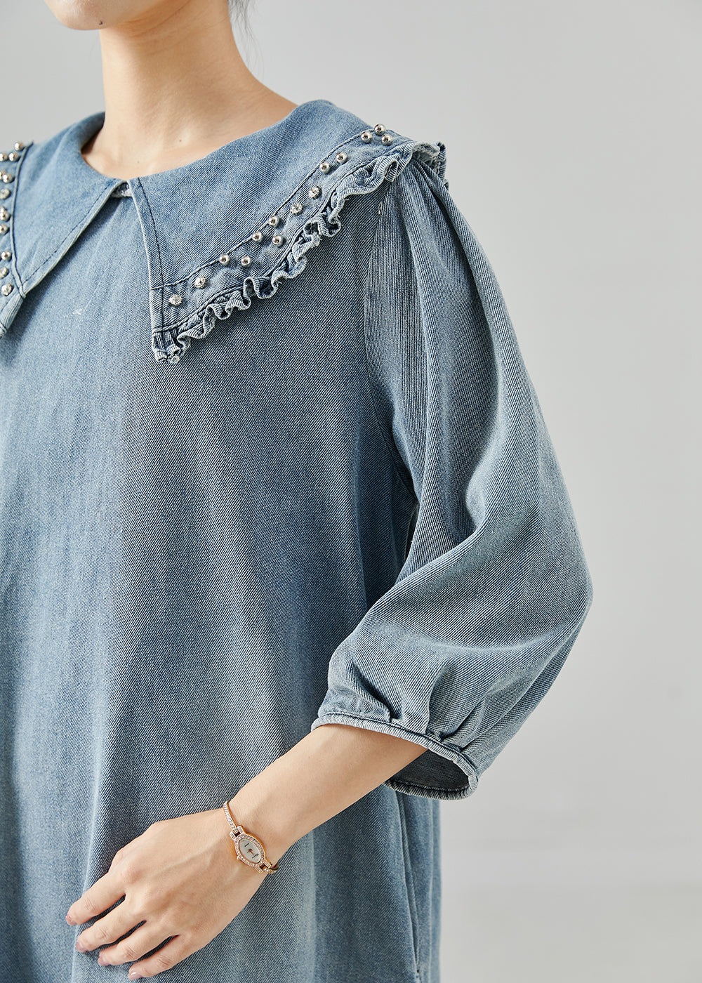 Blue Peter Pan Collar Rivet Denim Day Dress Bracelet Sleeve