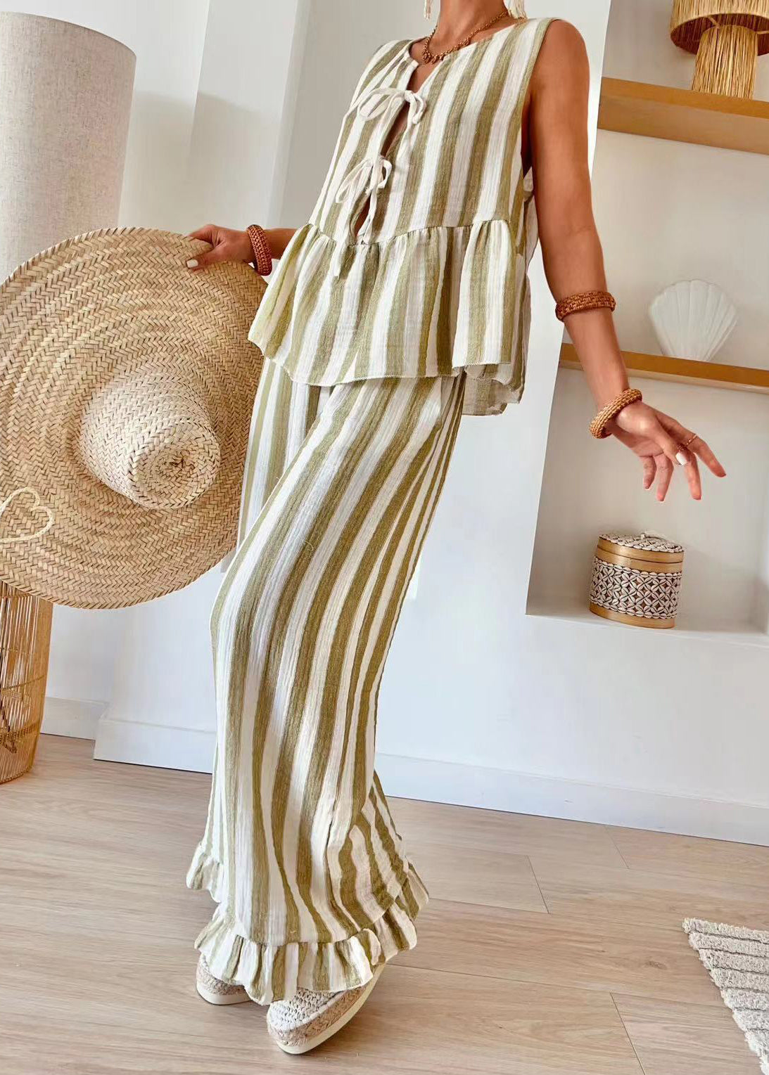 Pink Striped O-neck Top and Wide Leg Pants Two Piece Set Summer