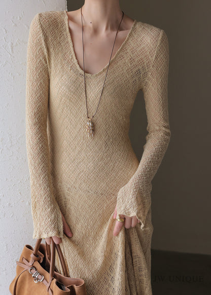Handmade Khaki U Neck Maxi Dress Spring